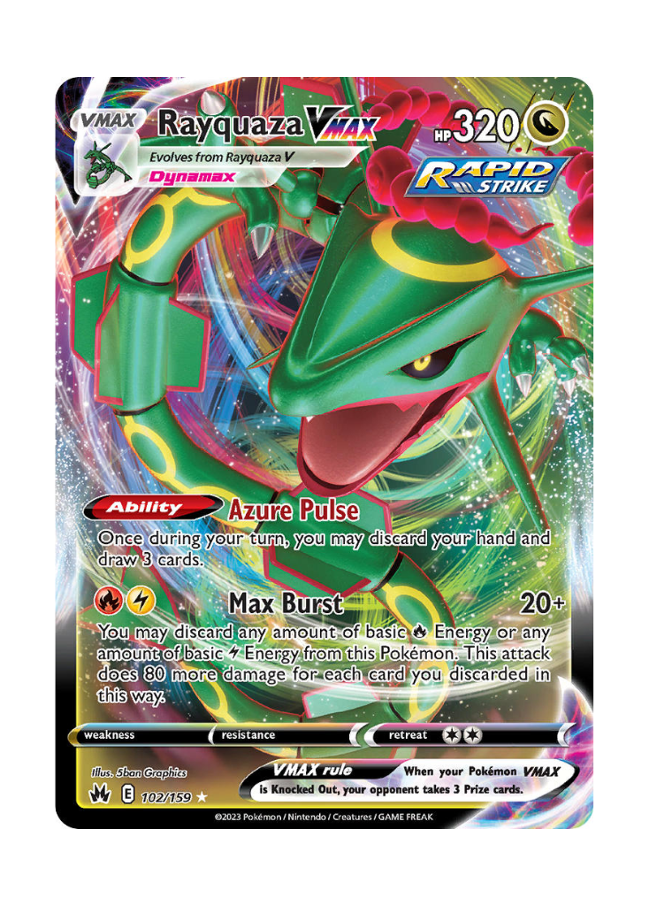 pokemon card value rayquaza vmax PSA 10 Silver Tempest Trainer Gallery Ultra Rare TG20/TG30 4F, New GH Mall, Greenhills San Juan Open daily from 10am Lightning Max Burst (20+) You may discard any amount of basic Fire Energy or any amount of basic Lightning Energy from this Pokmon Crown Zenith: Rayquaza VMAX (B)